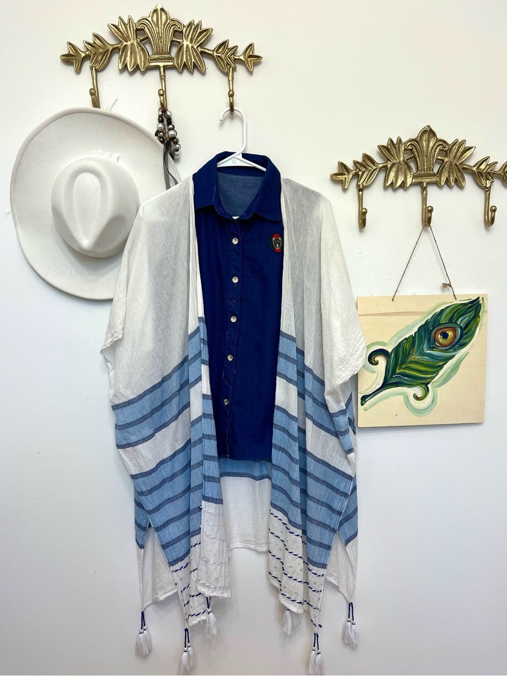Lightweight White + Blue Striped Kimono Duster one size